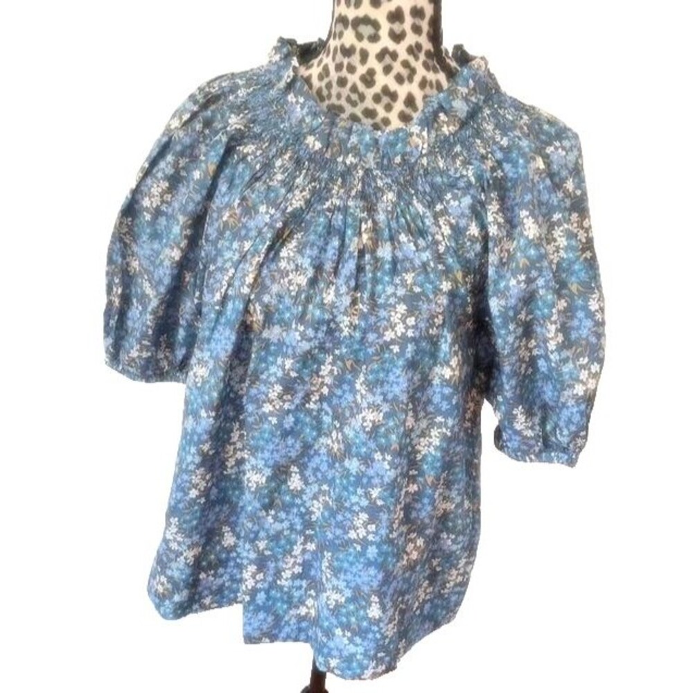 J.Crew Liberty of London Blue Floral Lace Up Smocked Blouse Cottagecore XS